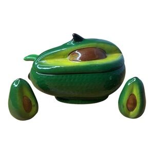 🥑 Vintage Avocado Ceramic Condiment Set w/ Lid & Spoon – Retro Kitchen Decor